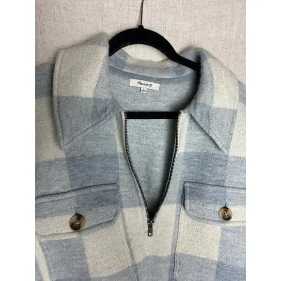 Madewell Boiled Wool Half Zip Popover Sweater Buffalo Check Heather Cream Sz.L - Picture 12 of 12